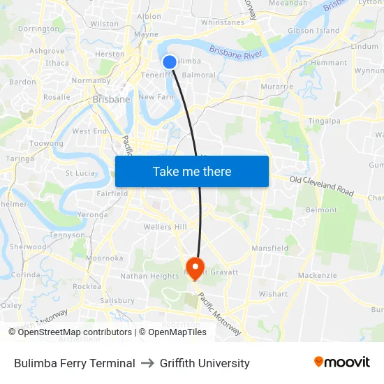 Bulimba Ferry Terminal to Griffith University map