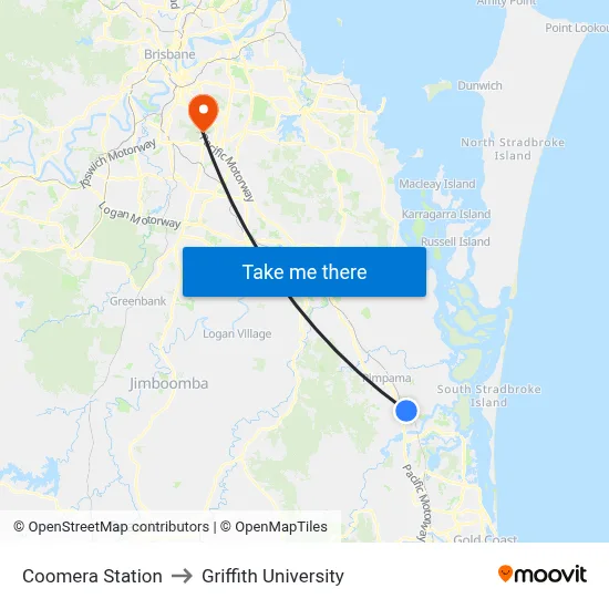 Coomera Station to Griffith University map