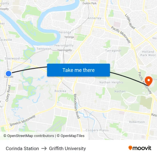 Corinda Station to Griffith University map