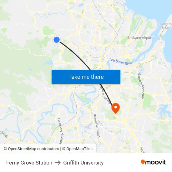 Ferny Grove Station to Griffith University map