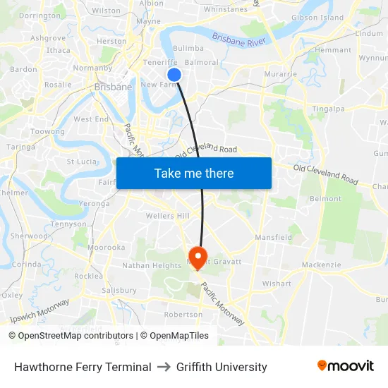 Hawthorne Ferry Terminal to Griffith University map