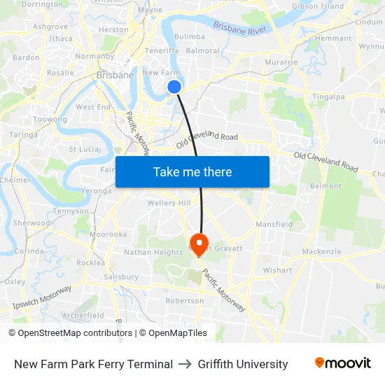 New Farm Park Ferry Terminal to Griffith University map
