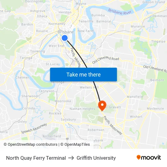 North Quay Ferry Terminal to Griffith University map