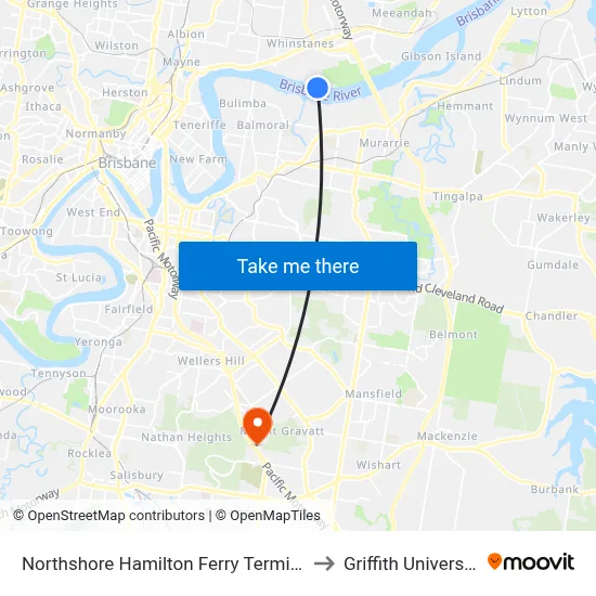 Northshore Hamilton Ferry Terminal to Griffith University map