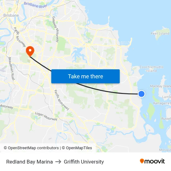Redland Bay Marina to Griffith University map