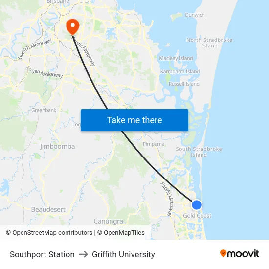 Southport Station to Griffith University map