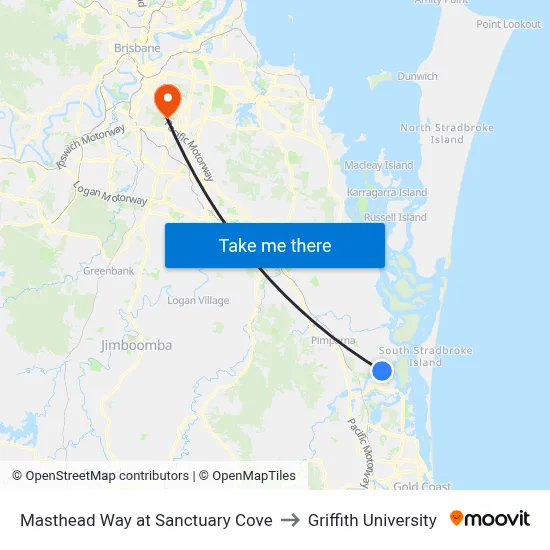 Masthead Way at Sanctuary Cove to Griffith University map