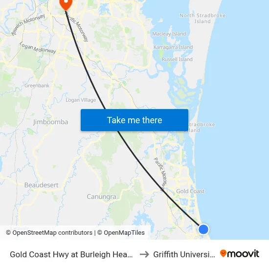 Gold Coast Hwy at Burleigh Heads to Griffith University map