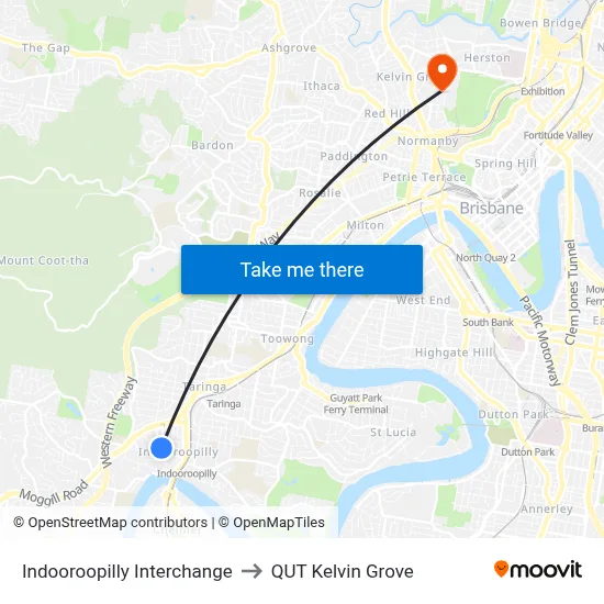 Indooroopilly Interchange to QUT Kelvin Grove map