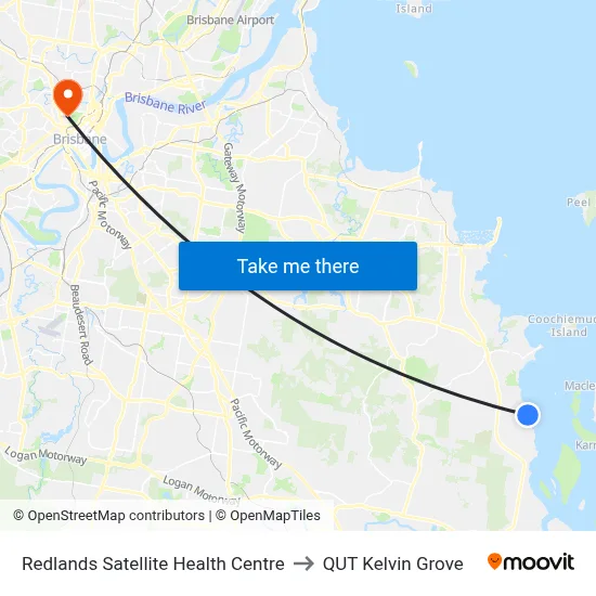 Redlands Satellite Health Centre to QUT Kelvin Grove map