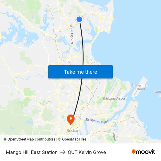Mango Hill East Station to QUT Kelvin Grove map