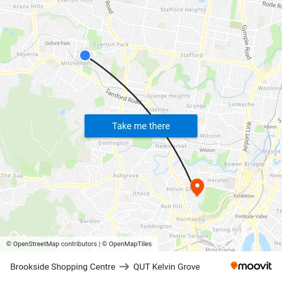 Brookside Shopping Centre to QUT Kelvin Grove map