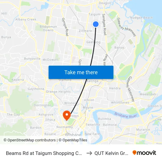 Beams Rd at Taigum Shopping Centre to QUT Kelvin Grove map