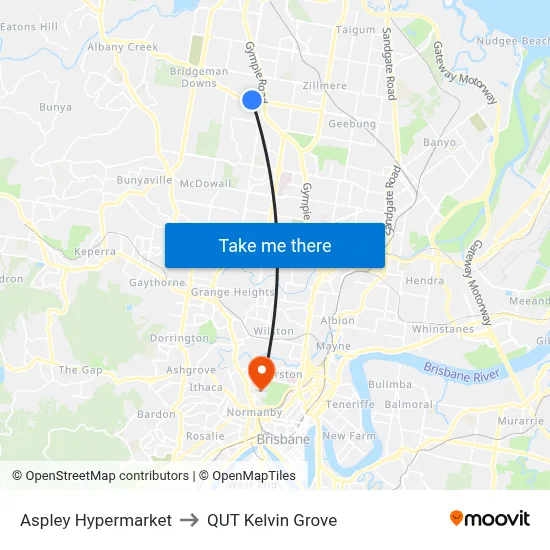 Aspley Hypermarket to QUT Kelvin Grove map