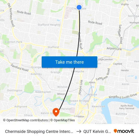 Chermside Shopping Centre Interchange A to QUT Kelvin Grove map