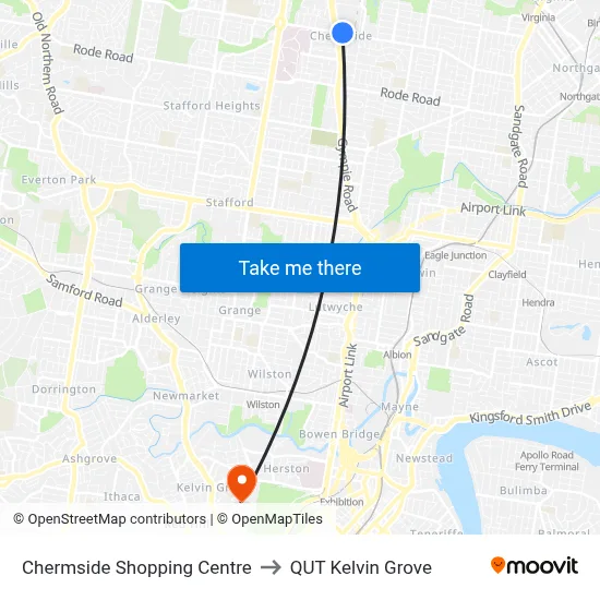 Chermside Shopping Centre to QUT Kelvin Grove map