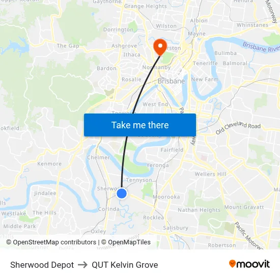 Sherwood Depot to QUT Kelvin Grove map