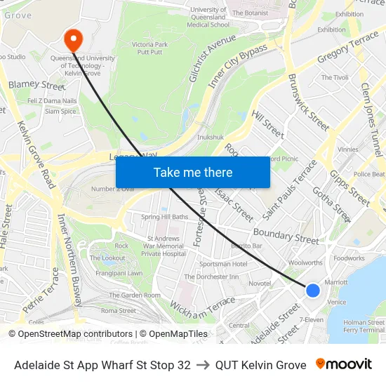 Adelaide St App Wharf St Stop 32 to QUT Kelvin Grove map