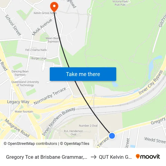 Gregory Tce at Brisbane Grammar, Stop 4 to QUT Kelvin Grove map
