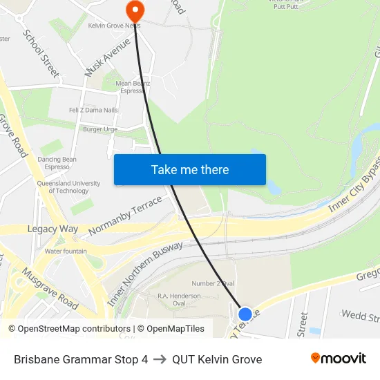 Brisbane Grammar Stop 4 to QUT Kelvin Grove map