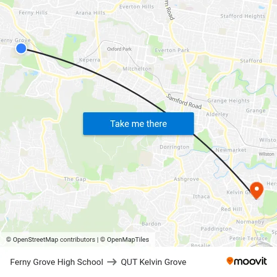 Ferny Grove High School to QUT Kelvin Grove map