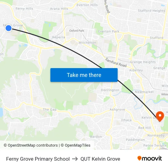 Ferny Grove Primary School to QUT Kelvin Grove map