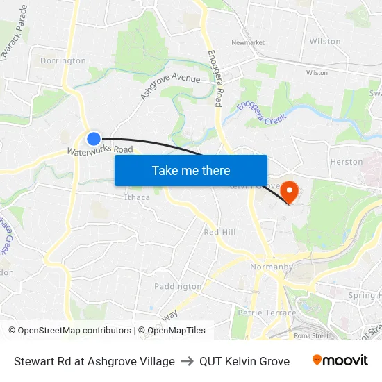 Stewart Rd at Ashgrove Village to QUT Kelvin Grove map