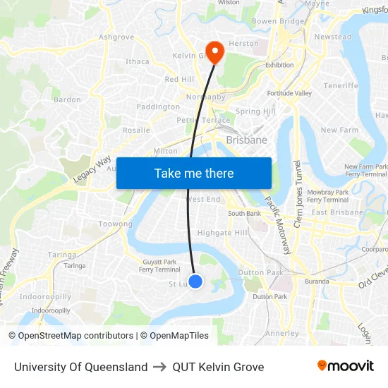 University Of Queensland to QUT Kelvin Grove map