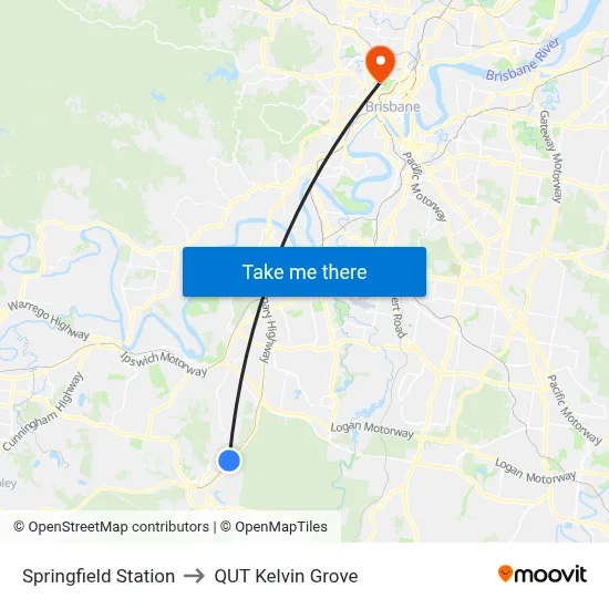 Springfield Station to QUT Kelvin Grove map