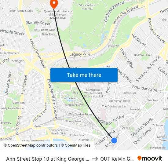 Ann Street Stop 10 at King George Square to QUT Kelvin Grove map