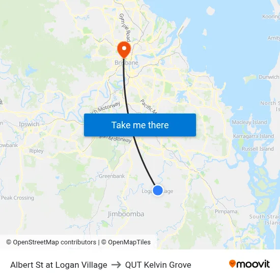 Albert St at Logan Village to QUT Kelvin Grove map