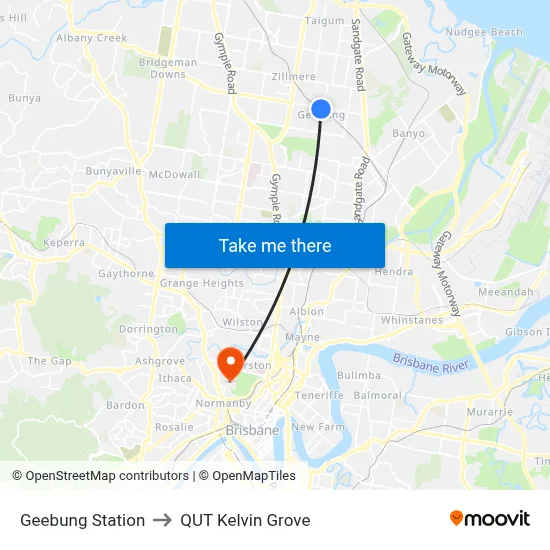 Geebung Station to QUT Kelvin Grove map