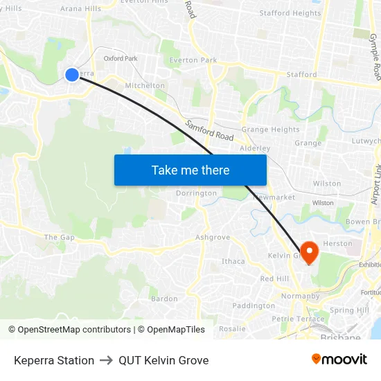 Keperra Station to QUT Kelvin Grove map
