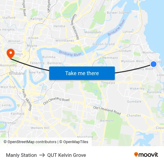 Manly Station to QUT Kelvin Grove map