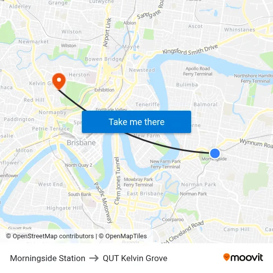 Morningside Station to QUT Kelvin Grove map