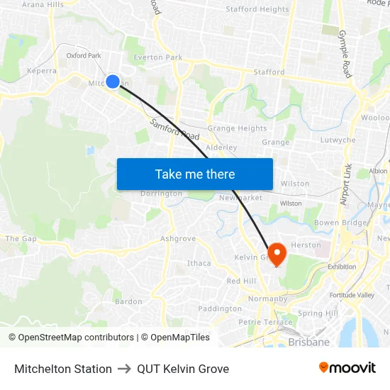Mitchelton Station to QUT Kelvin Grove map
