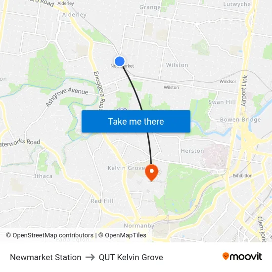 Newmarket Station to QUT Kelvin Grove map