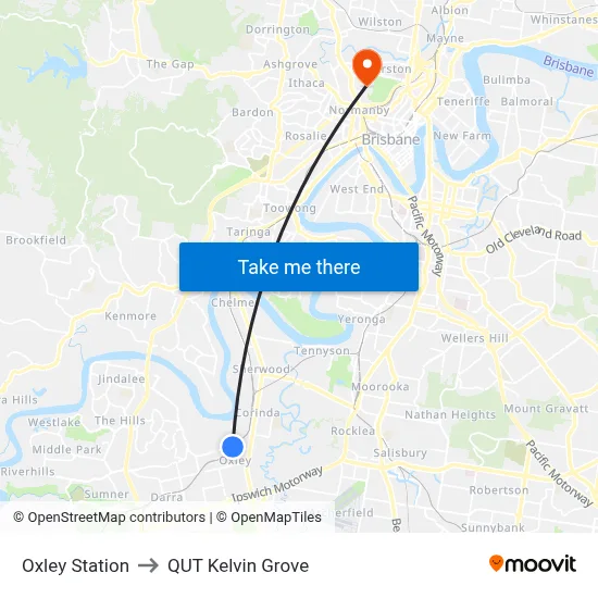 Oxley Station to QUT Kelvin Grove map