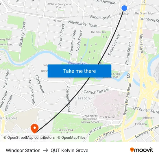 Windsor Station to QUT Kelvin Grove map