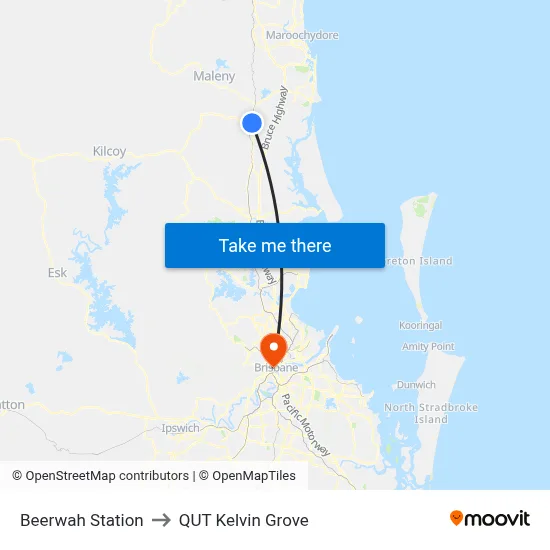 Beerwah Station to QUT Kelvin Grove map
