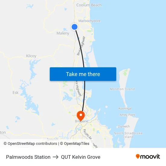 Palmwoods Station to QUT Kelvin Grove map