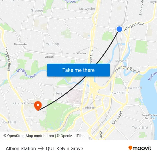 Albion Station to QUT Kelvin Grove map