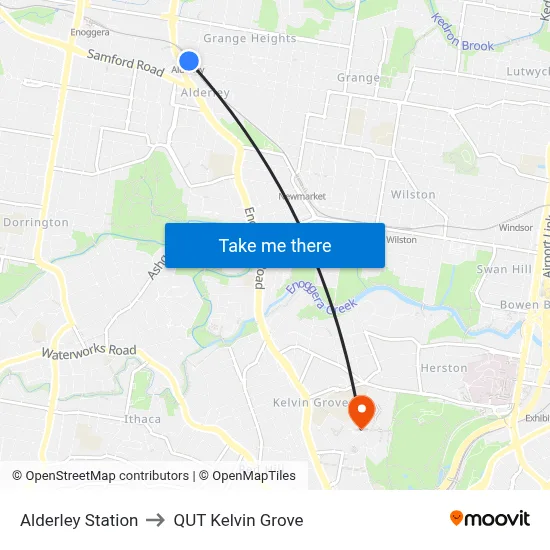 Alderley Station to QUT Kelvin Grove map