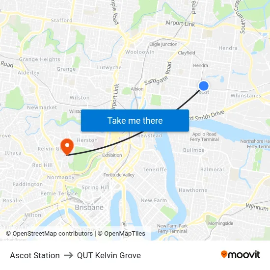 Ascot Station to QUT Kelvin Grove map