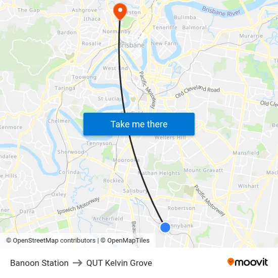 Banoon Station to QUT Kelvin Grove map