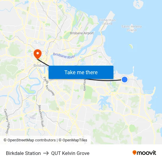 Birkdale Station to QUT Kelvin Grove map