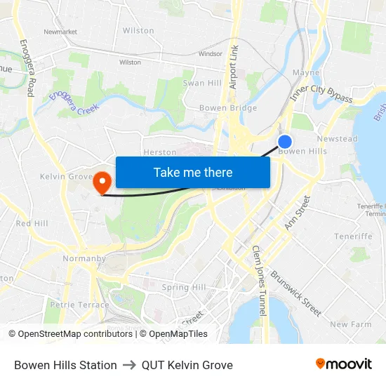 Bowen Hills Station to QUT Kelvin Grove map