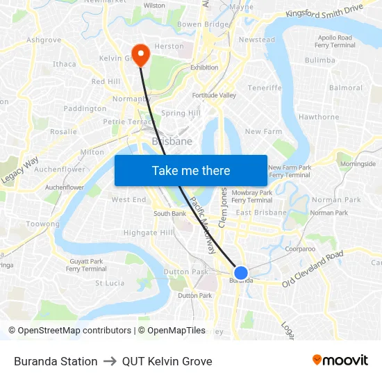 Buranda Station to QUT Kelvin Grove map