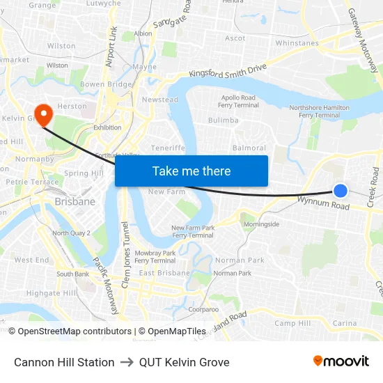 Cannon Hill Station to QUT Kelvin Grove map