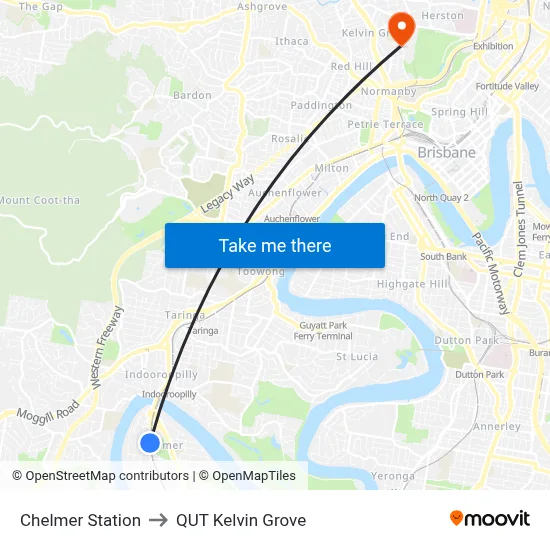 Chelmer Station to QUT Kelvin Grove map